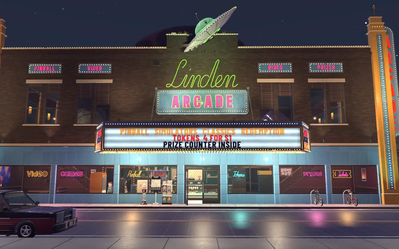 The Linden Arcade at night in s&box: a brick theatre front with a neon script sign, a marquee reading TOKENS 4 FOR $1 and PRIZE COUNTER INSIDE, and a crashed flying saucer on the roof